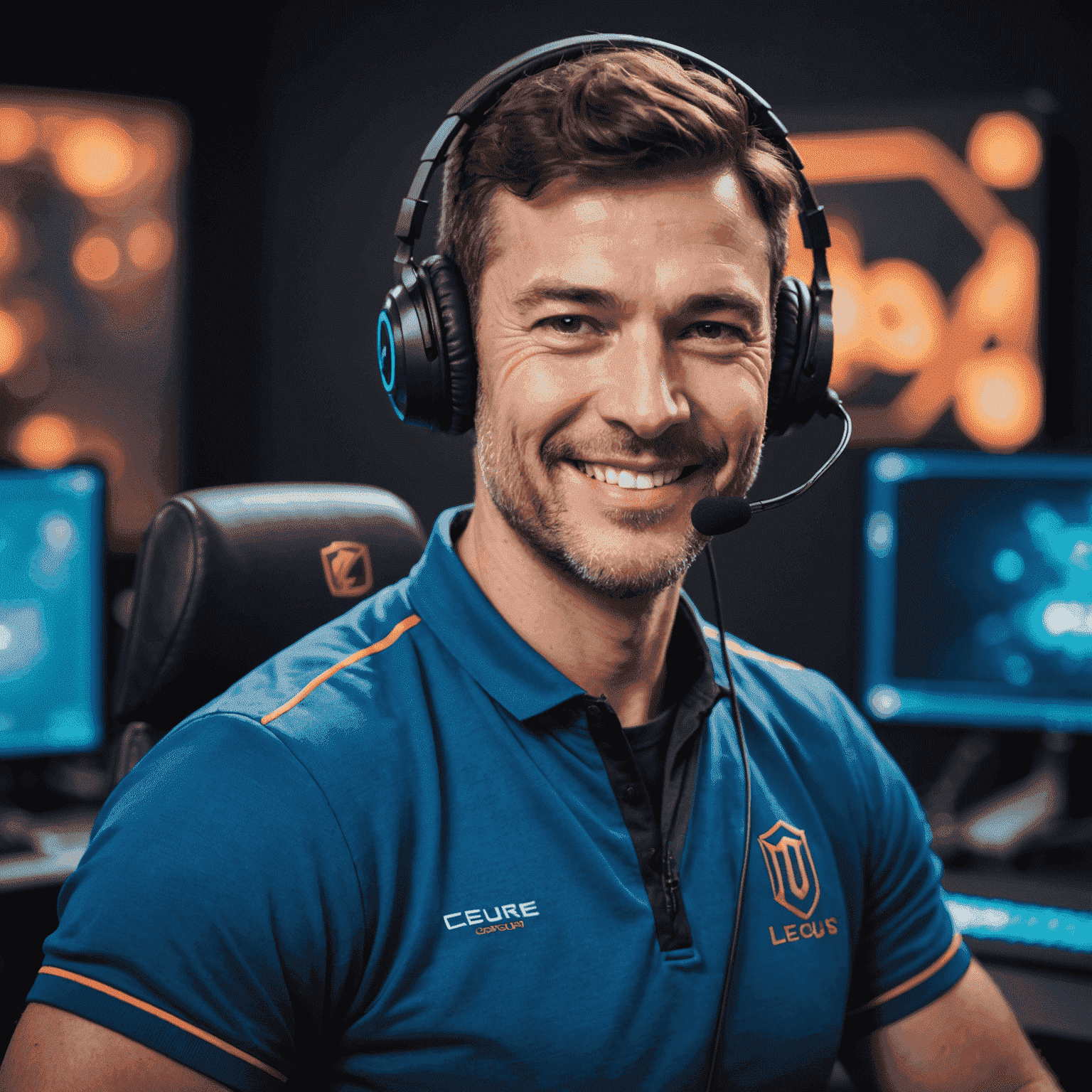 Portrait of a League of Legends coach, wearing a headset and smiling confidently at the camera. The coach appears professional and approachable.